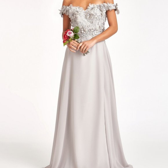 SILVER Floral 3D Applique and Embroidery Embellished A-Line Chiffon Dress GL3018